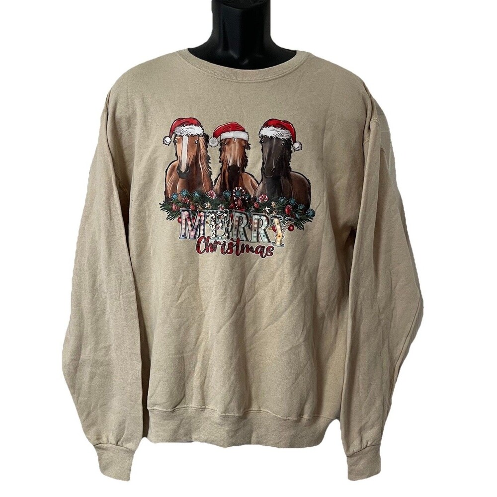 Jerzees Christmas Horse Sweatshirt Santa Hats Equestrian Beige Woman's M